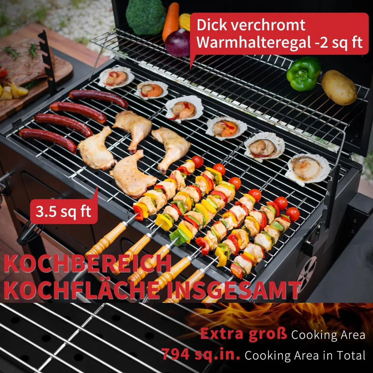 Grillwagen XXL Holzkohlegrill mit Deckel, BBQ Smoker Grill Rädern, Edelstahl-Griff, Grillrost und Thermometer, Standgrill, Kohlegrillwagen 154.5 x 89 x 122 cm — Bild 5