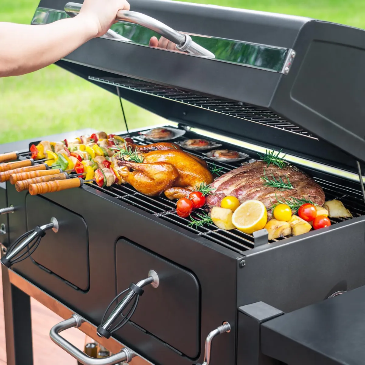 Grillwagen XXL Holzkohlegrill mit Deckel, BBQ Smoker Grill Rädern, Edelstahl-Griff, Grillrost und Thermometer, Standgrill, Kohlegrillwagen 154.5 x 89 x 122 cm — Bild 6