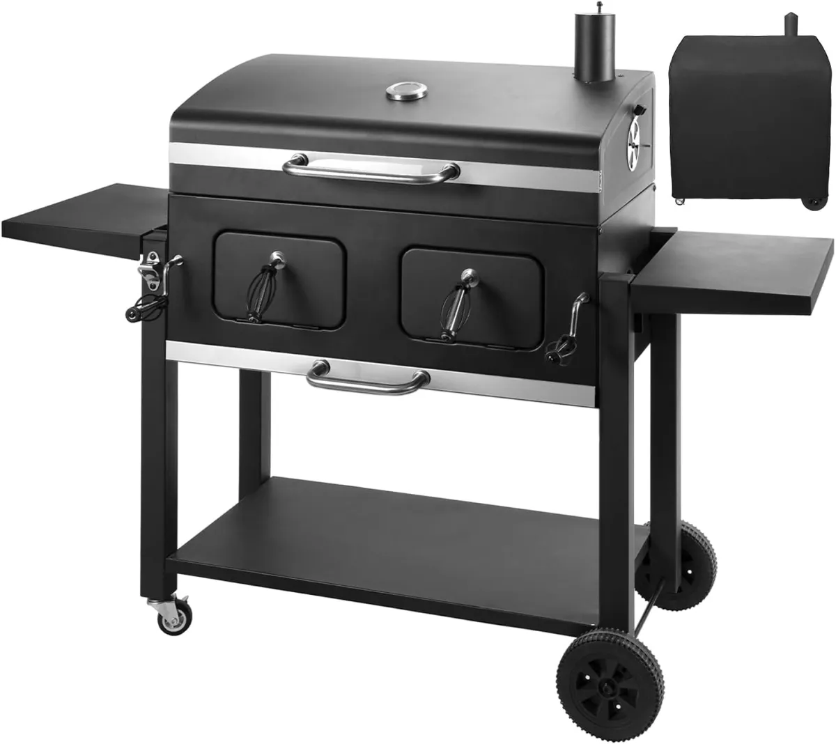 Grillwagen XXL Holzkohlegrill mit Deckel, BBQ Smoker Grill Rädern, Edelstahl-Griff, Grillrost und Thermometer, Standgrill, Kohlegrillwagen 154.5 x 89 x 122 cm — Bild 7