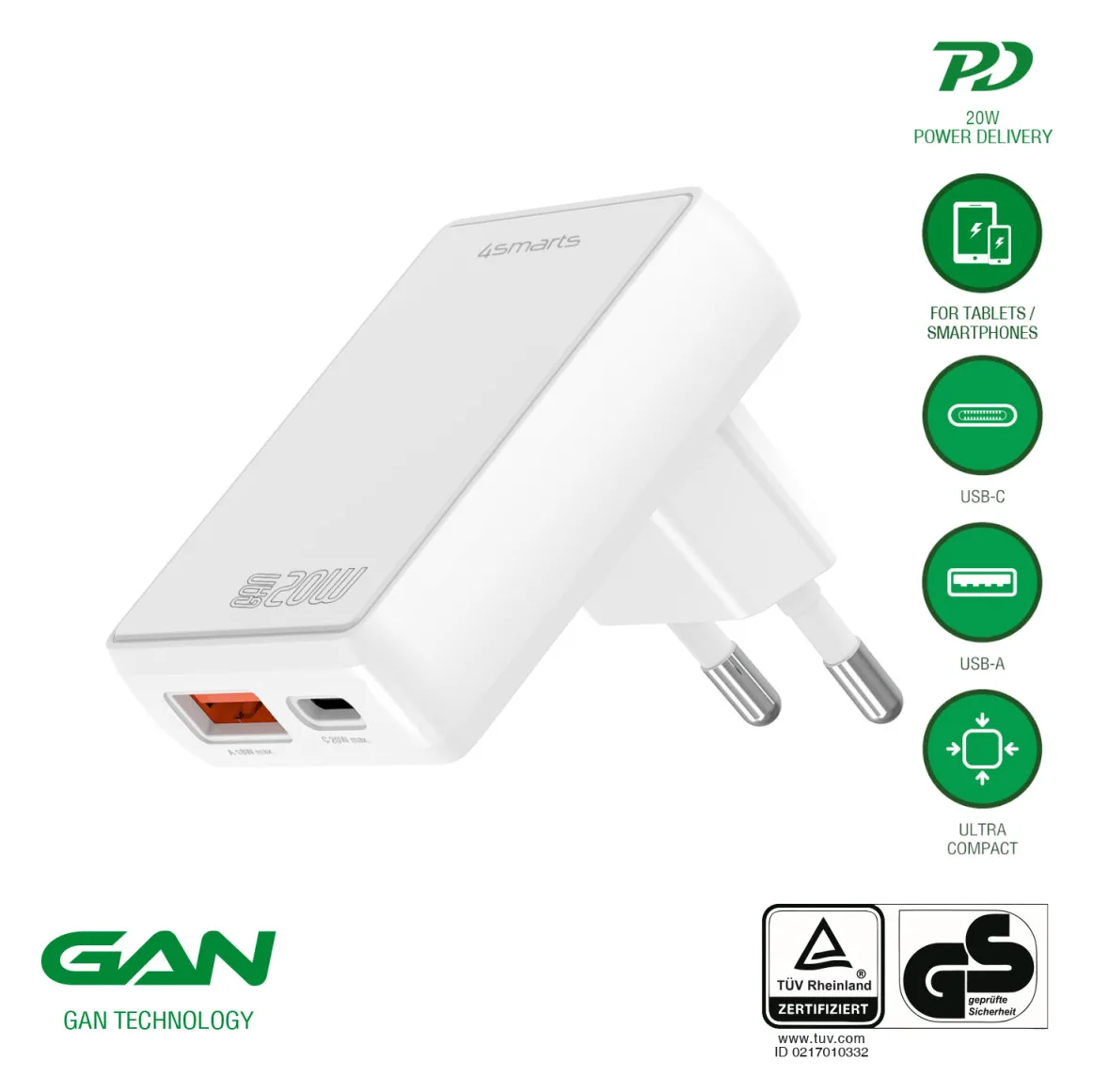 4smarts Netzladegerät FlatPlug Duos 20W GaN 1C, Ansicht 2