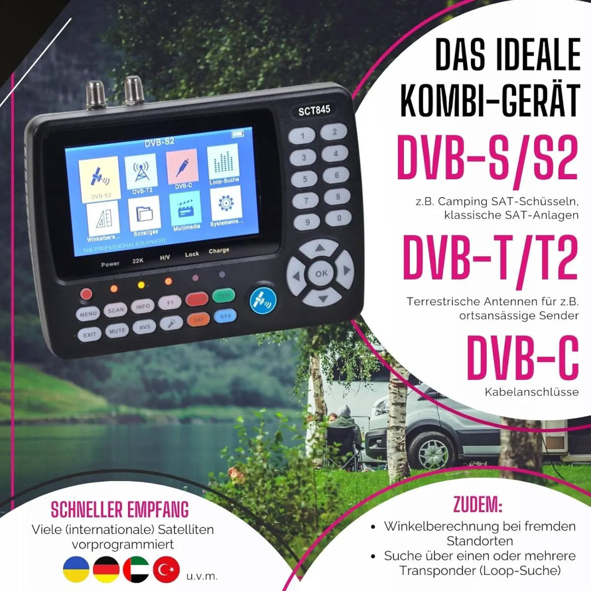 Summit SCT 845 Satelliten Messgerät I Sat Finder für DVB-S/S2, DVB-T/T2 & DVB-C I Digitales Messgerät mit 4,3" TFT LCD Display I inkl. Steckernetzteil, AV-Kabel — Bild 2