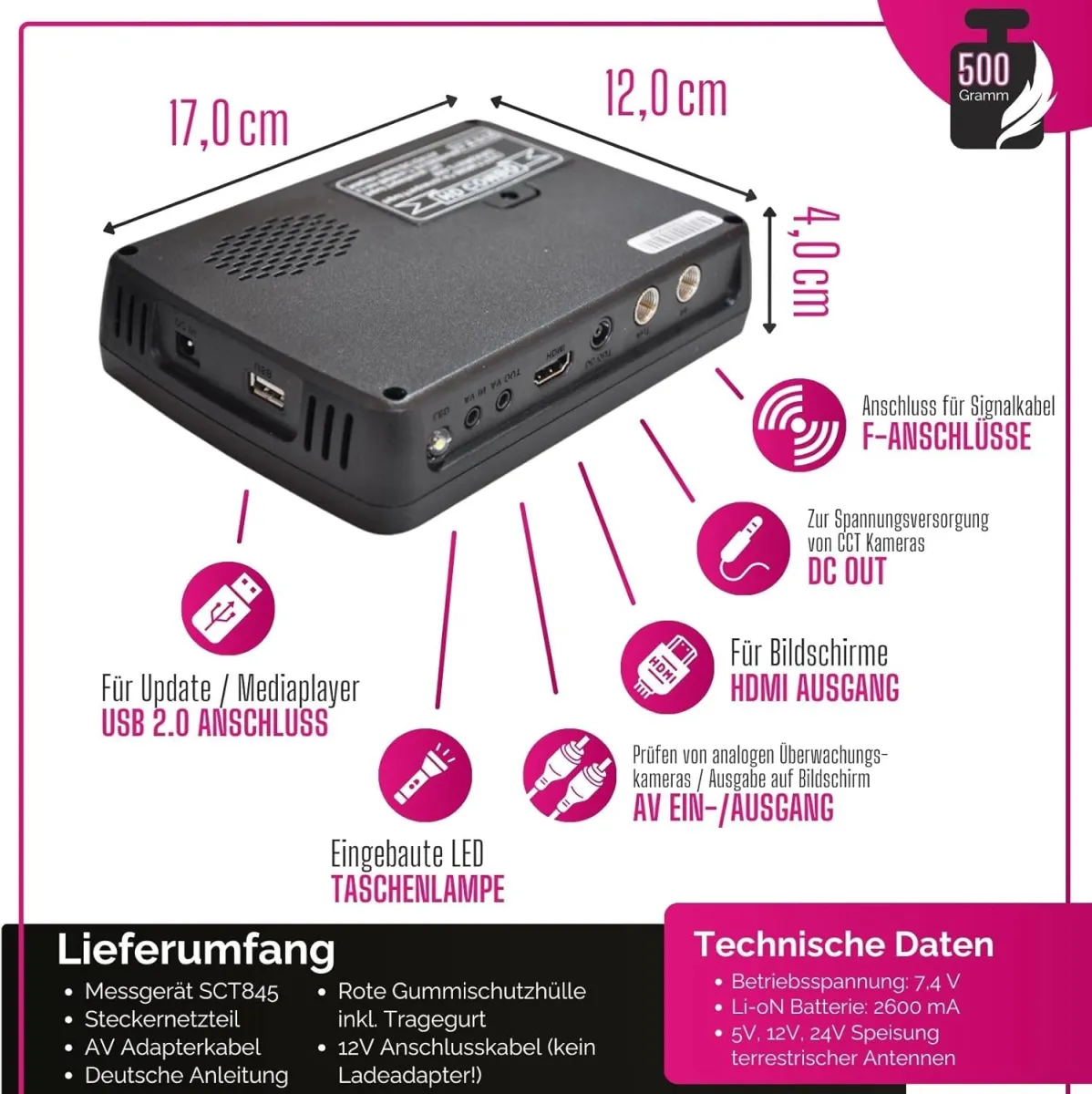 Summit SCT 845 Satelliten Messgerät I Sat Finder für DVB-S/S2, DVB-T/T2 & DVB-C I Digitales Messgerät mit 4,3" TFT LCD Display I inkl. Steckernetzteil, AV-Kabel — Bild 3
