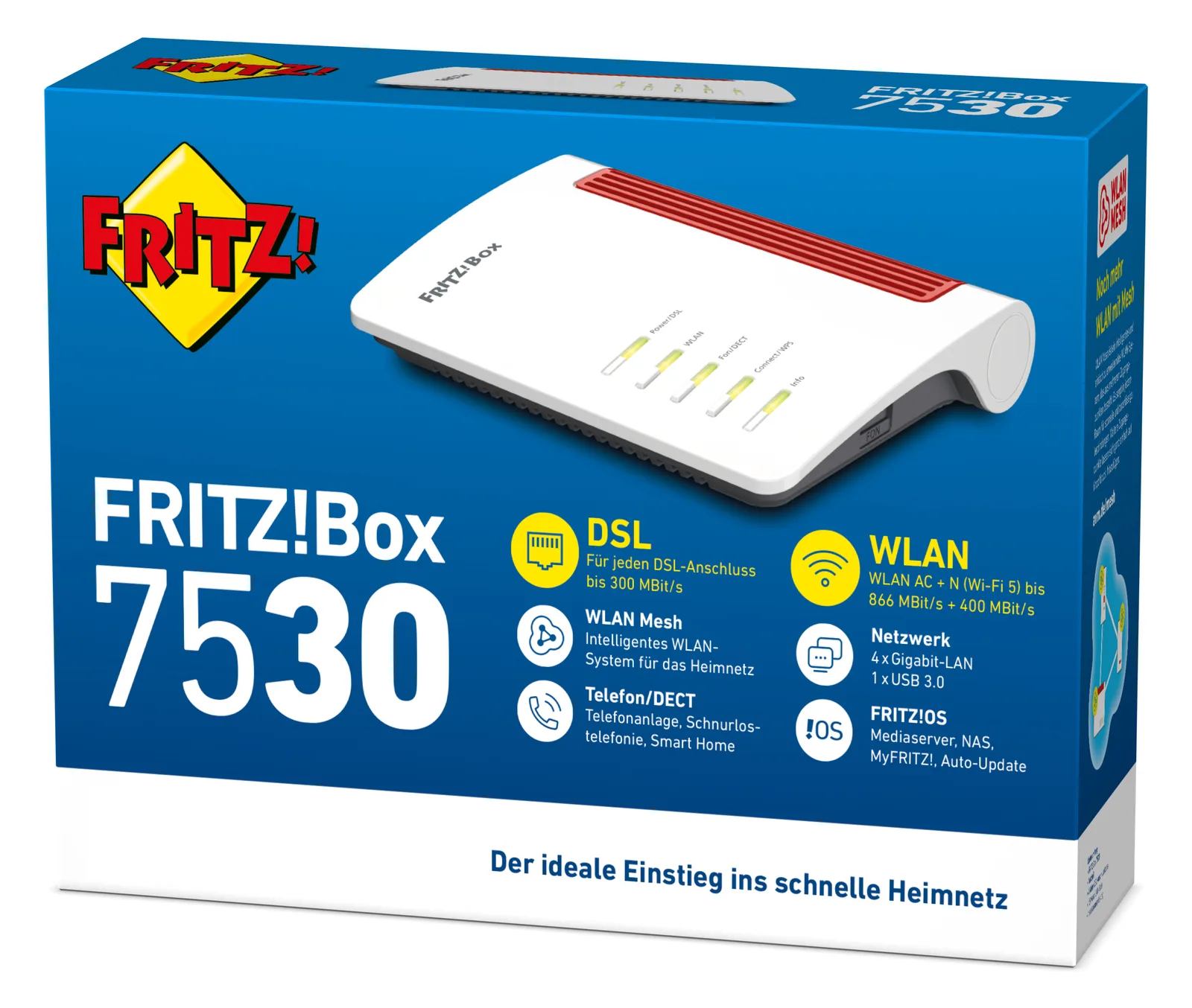 AVM FRITZ!Box 7530 - Wireless Router - DSL-Modem 4-Port-Switch - 1GbE - Wi-Fi 5 - Dual-Band - VoIP-Telefonadapter (DECT), Ansicht 2