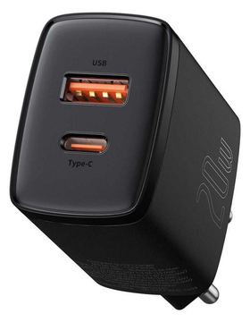 Baseus Compact Quick Adapter 20Watt USB-C+ USB-A sort von LumaTech