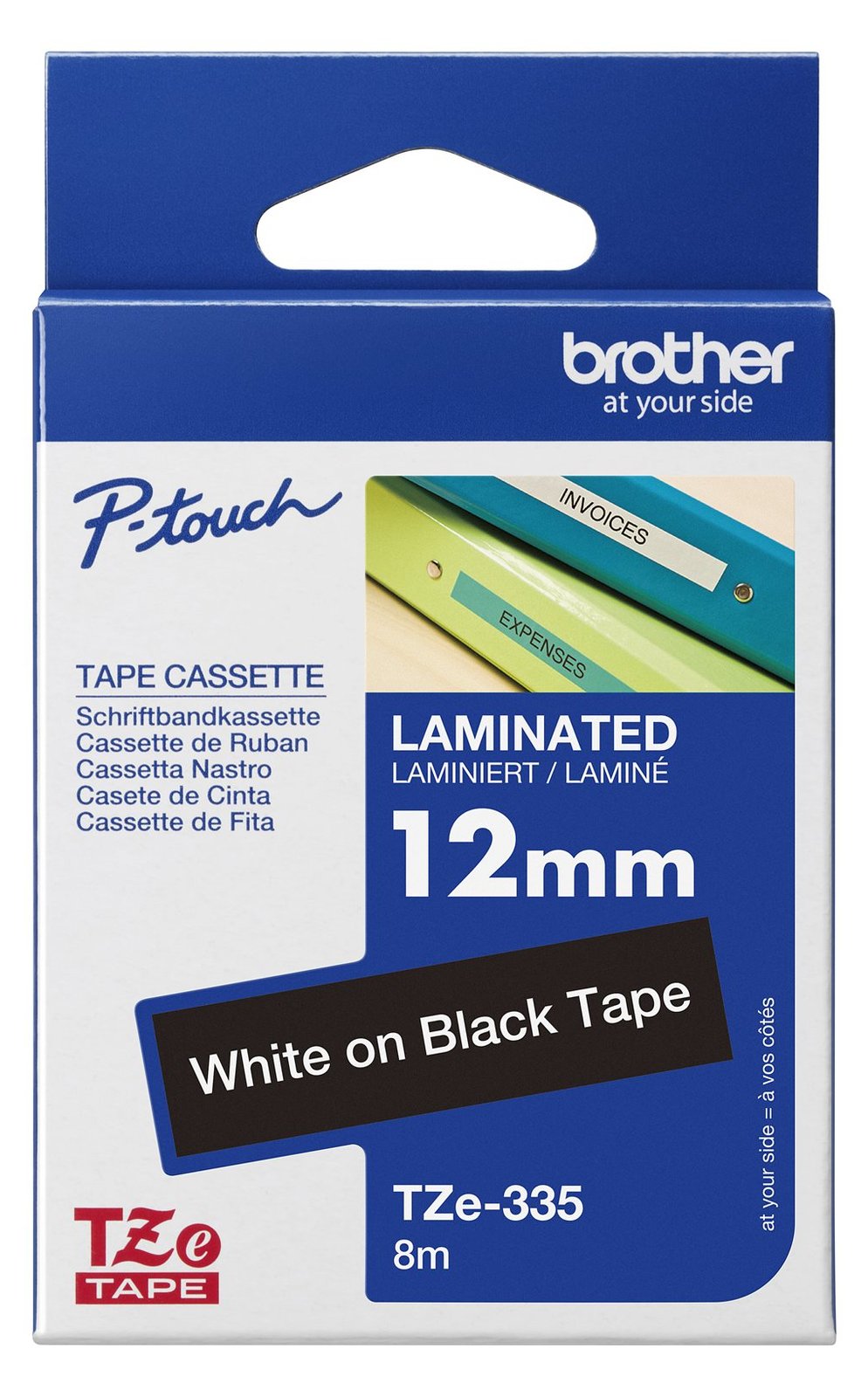 Brother TZe-335 - Standard-Klebstoff - Weiß auf Schwarz - Rolle (1,2 cm x 8 m)