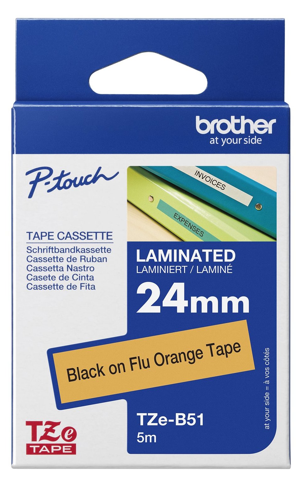 Brother TZe-B51 - Standard-Klebstoff - schwarz auf fluoreszierendem orange - Rolle (2,4 cm x 5 m)