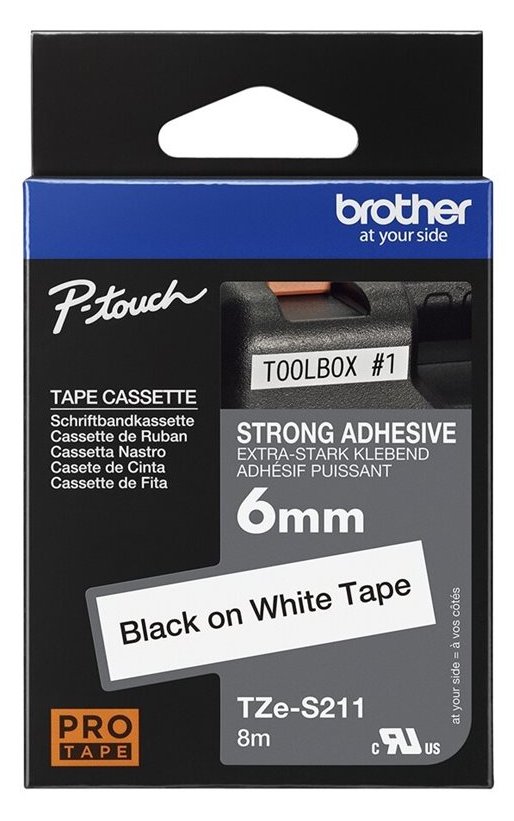 Brother TZe-S211 - Extra starker Klebstoff - Schwarz auf Weiß - Rolle (0,6 cm x 8 m)