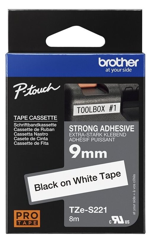 Brother TZe-S221 - Extra starker Klebstoff - Schwarz auf Weiß - Rolle (0,9 cm x 8 m)