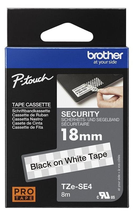 Brother TZe-SE4 - Manipulationssicherer Kleber - Schwarz auf Weiß - Rolle (1,8 cm x 8 m)