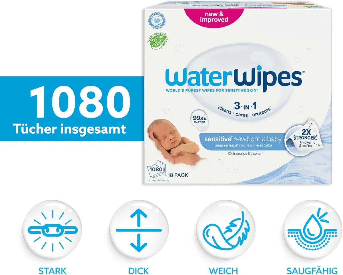 WaterWipes Sensitive+ Newborn & Baby Wipes, Feuchttücher für Neugeborene und Babys, 1080 Stück (18 Packungen), 3-in-1-Reinigung, Pflege, Schutz, 99,9% Wasser, parfümfrei — Bild 2