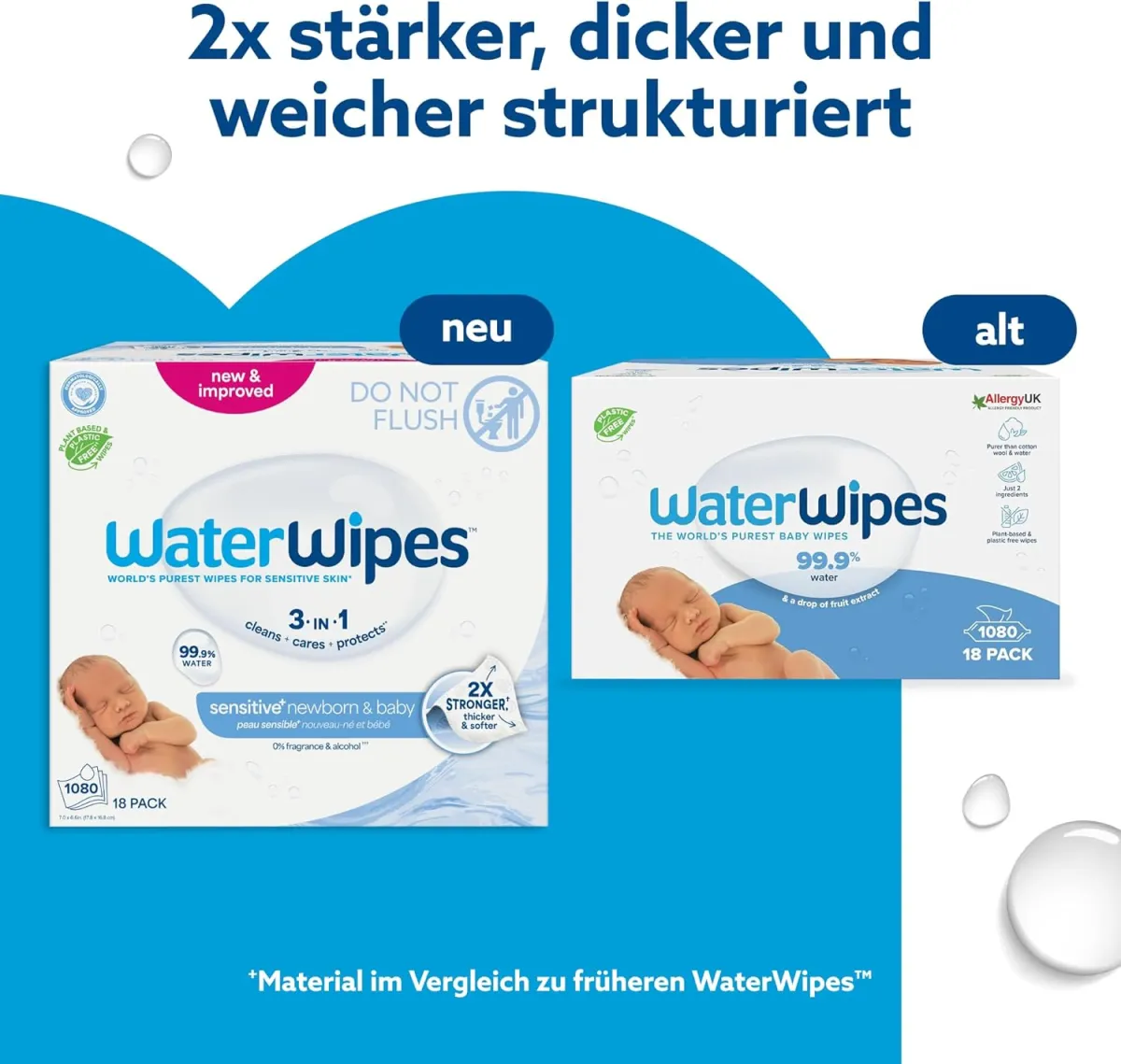 WaterWipes Sensitive+ Newborn & Baby Wipes, Feuchttücher für Neugeborene und Babys, 1080 Stück (18 Packungen), 3-in-1-Reinigung, Pflege, Schutz, 99,9% Wasser, parfümfrei — Bild 3