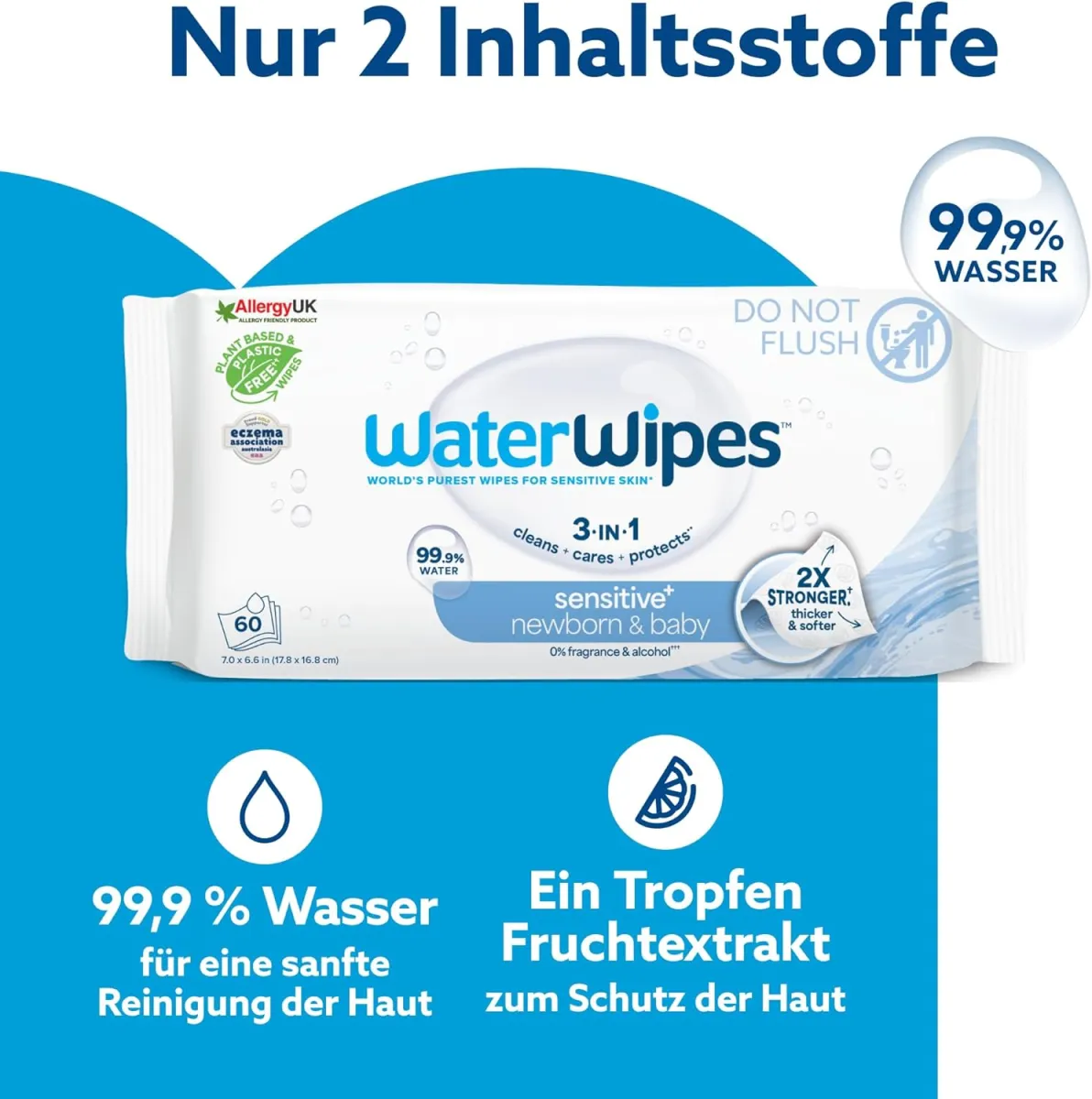 WaterWipes Sensitive+ Newborn & Baby Wipes, Feuchttücher für Neugeborene und Babys, 1080 Stück (18 Packungen), 3-in-1-Reinigung, Pflege, Schutz, 99,9% Wasser, parfümfrei — Bild 4