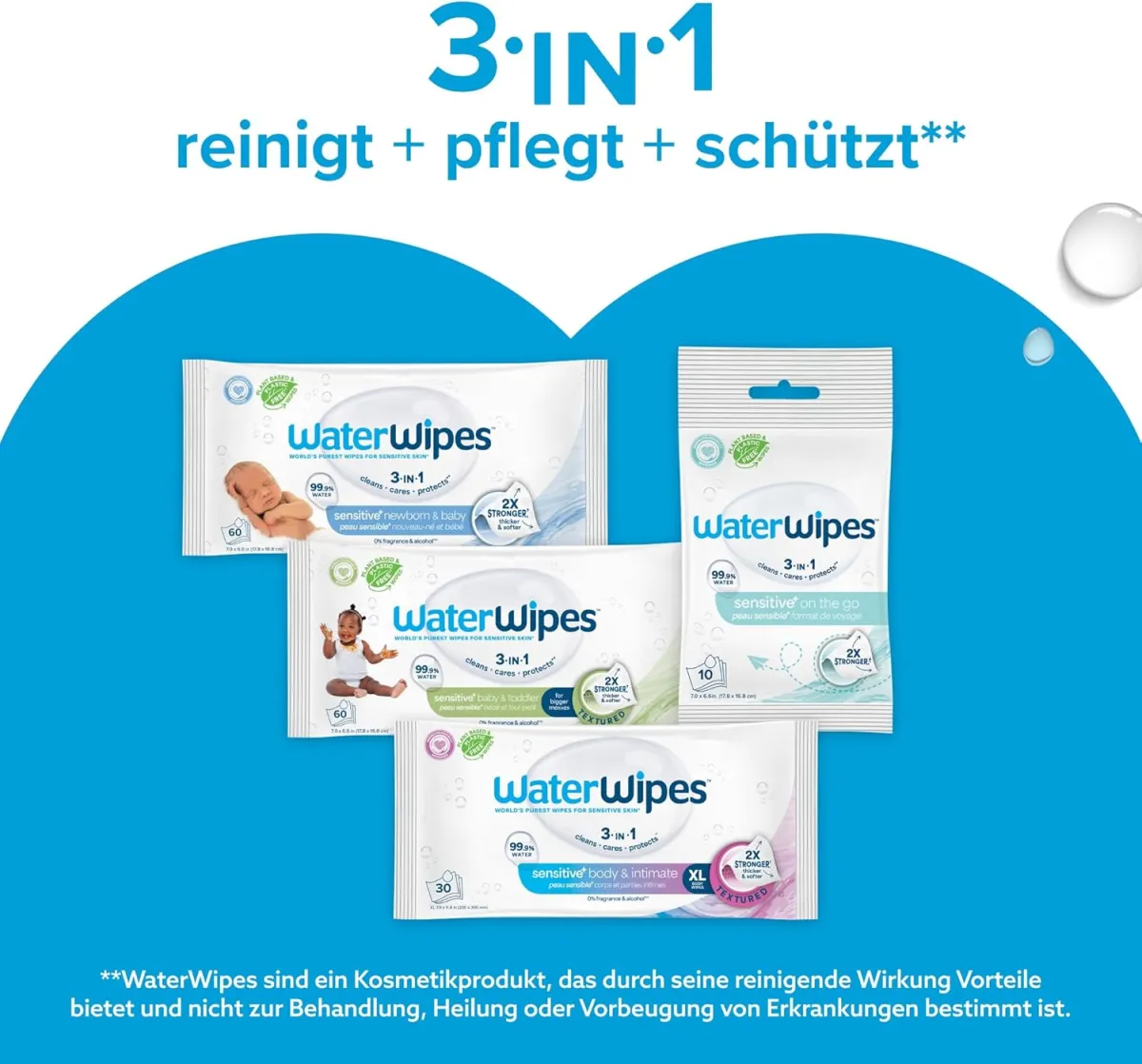 WaterWipes Sensitive+ Newborn & Baby Wipes, Feuchttücher für Neugeborene und Babys, 1080 Stück (18 Packungen), 3-in-1-Reinigung, Pflege, Schutz, 99,9% Wasser, parfümfrei — Bild 7