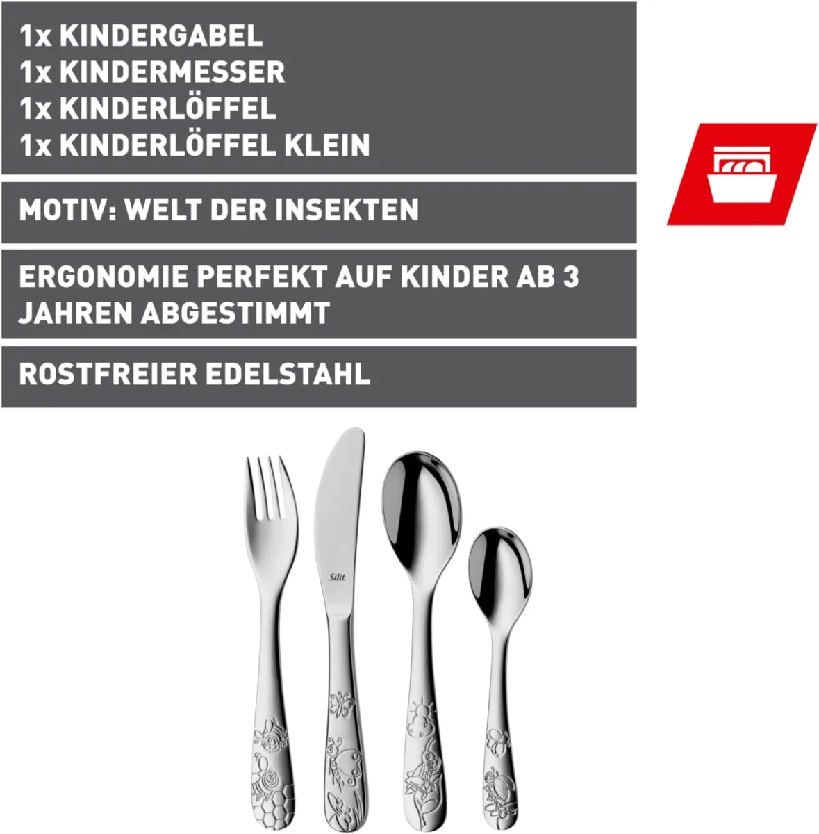 Silit Trend Kinderbeteck Set 4-teilig, Kinder Besteck Edelstahl, Kinderbesteck ab 3 Jahre, Cromargan poliert, Universalverpackung — Bild 2
