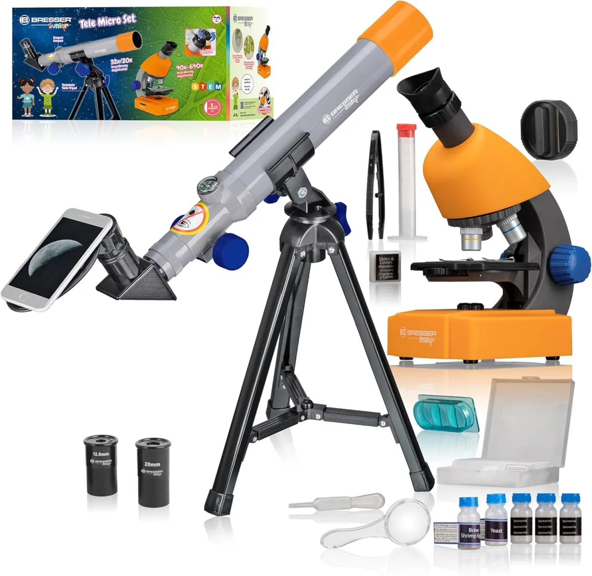 Bresser Junior Mikroskop & Teleskop Set mit Mikroskop 40x-640x Vergrößerung und 40/400mm Teleskop für Kinder ab 8 Jahren