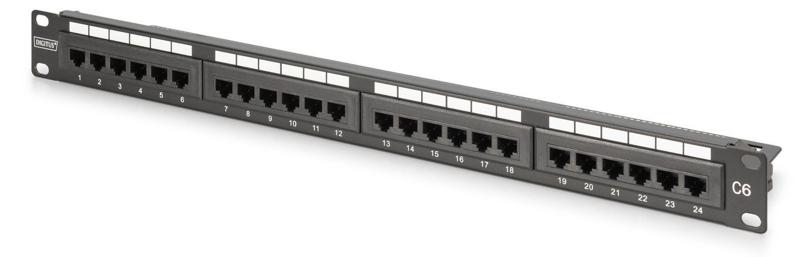 DIGITUS Patch Panel - class E - Rack montierbar - CAT 6 - UTP - RJ-45 X 24 - RAL 9005, Schwarz - 1U - 48.3 cm (19)