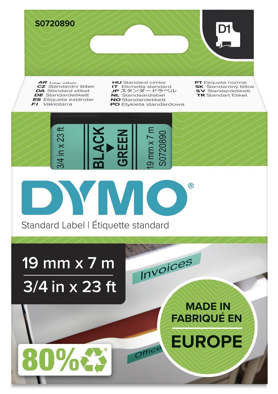 Dymo D1 - Entfernbarer Klebstoff - Schwarz auf Grün - Rolle (1,9 cm x 7 m)