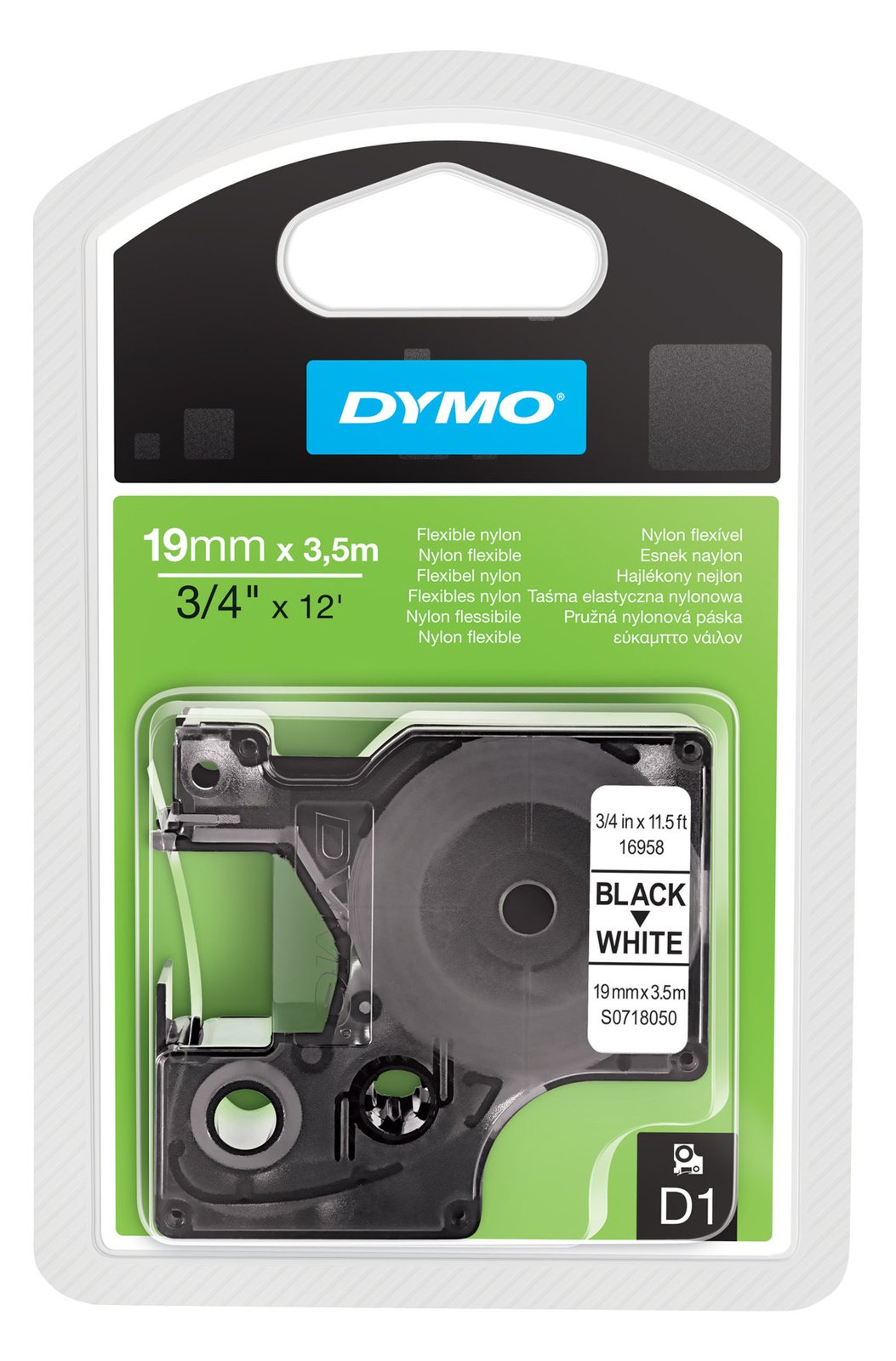 Dymo D1 - Nylon - permanenter Klebstoff - Schwarz auf Weiß - Roll (1.9 cm x 3.5 m)
