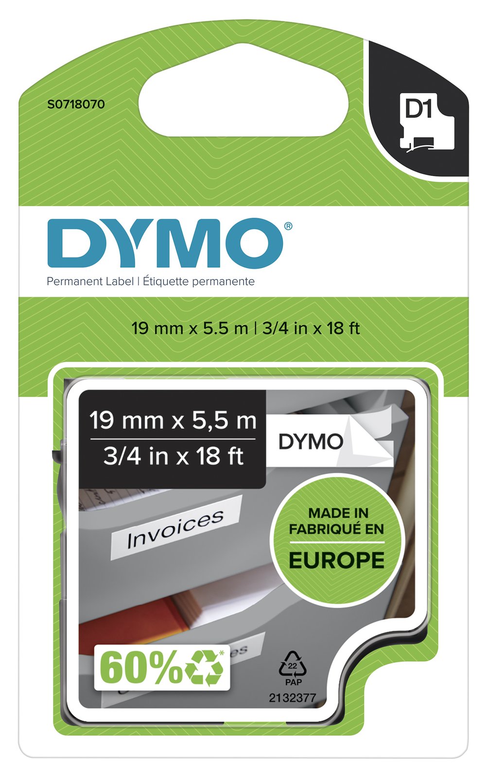 Dymo D1 - Polyester - permanenter Klebstoff - Schwarz auf Weiß - Roll (1.9 cm x 5.5 m)
