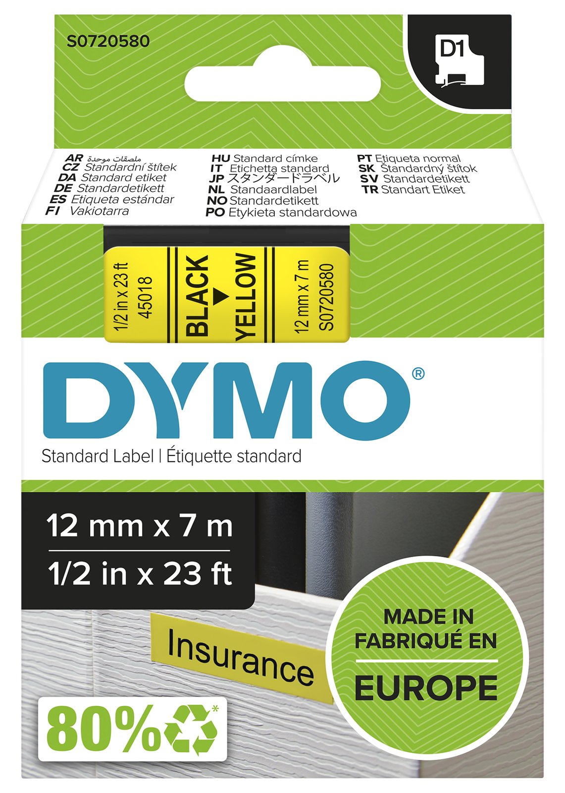 Dymo D1 - Selbstklebend - Schwarz auf Gelb - Rolle (1,2 cm x 7 m)