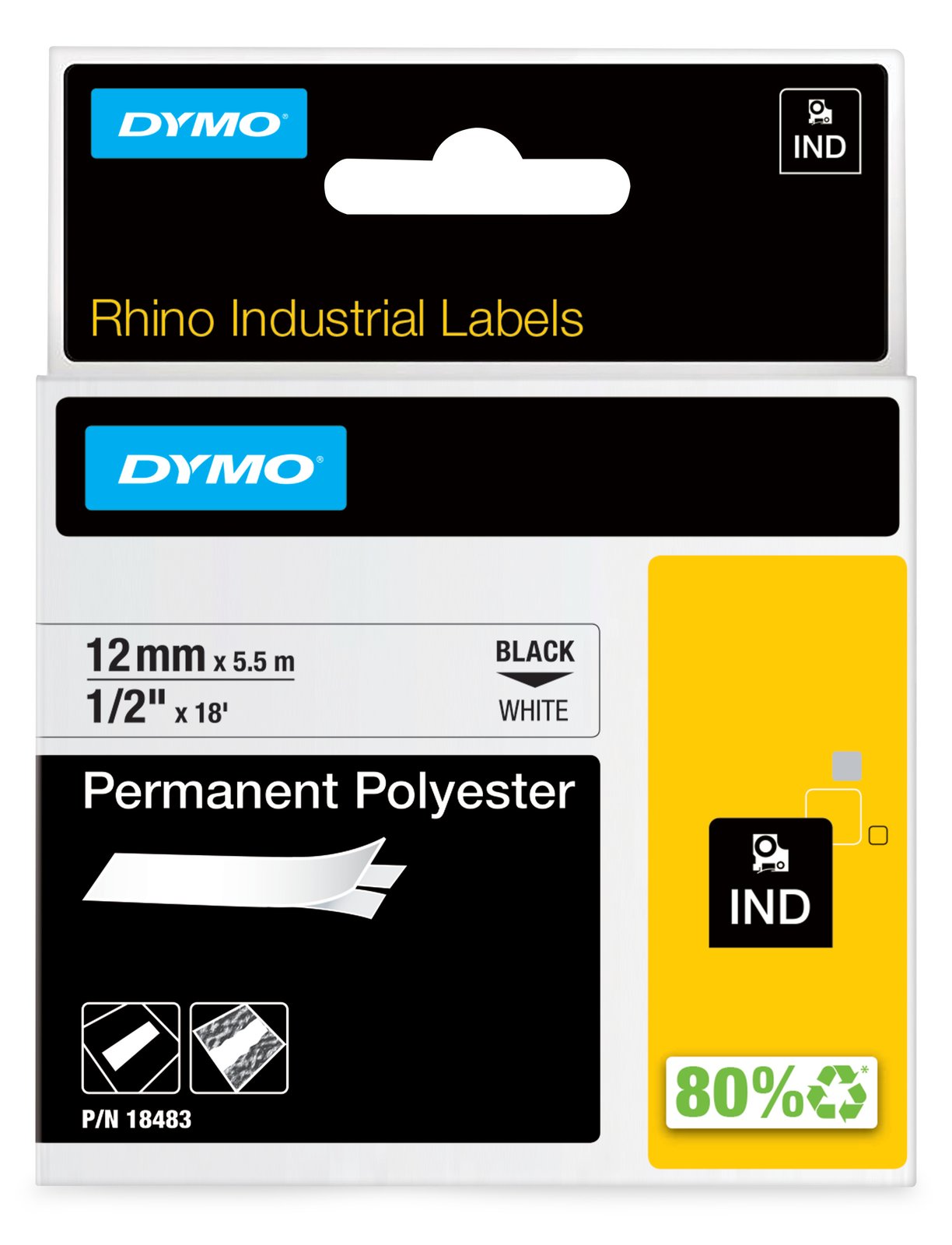 Dymo IND - Polyester - permanenter Klebstoff - Schwarz auf Weiß - Rolle (1,2 cm x 5 m)