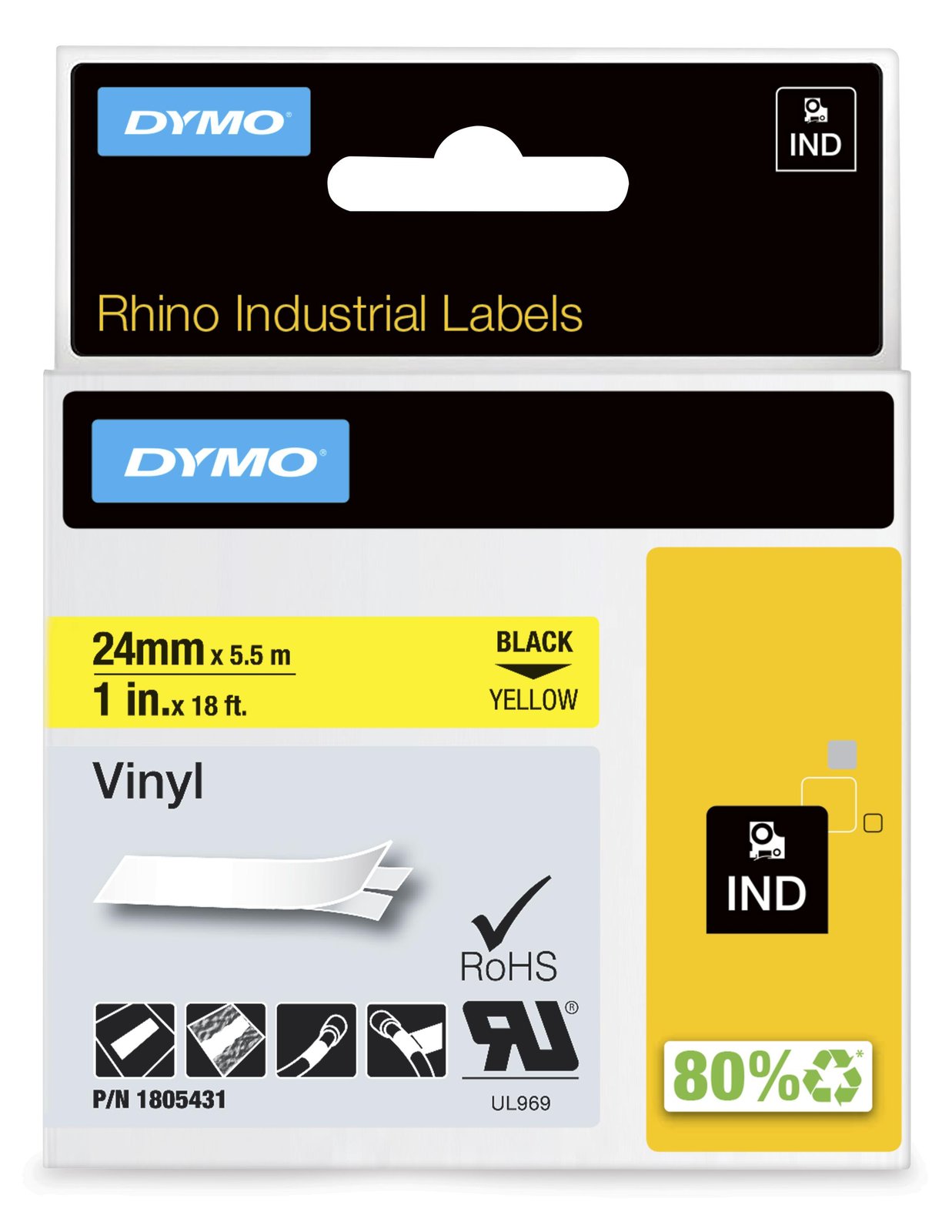 Dymo Rhino Coloured Vinyl - Vinyl - Schwarz auf Gelb - Rolle (2,54 cm x 5,5 m)