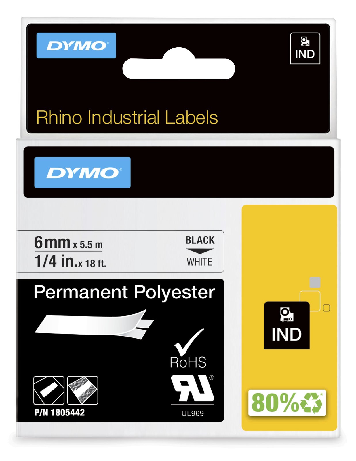 Dymo Rhino Permanent Polyester - Polyester - permanenter Klebstoff - Schwarz auf Weiß - Rolle (0,6 cm x 5,5 m)
