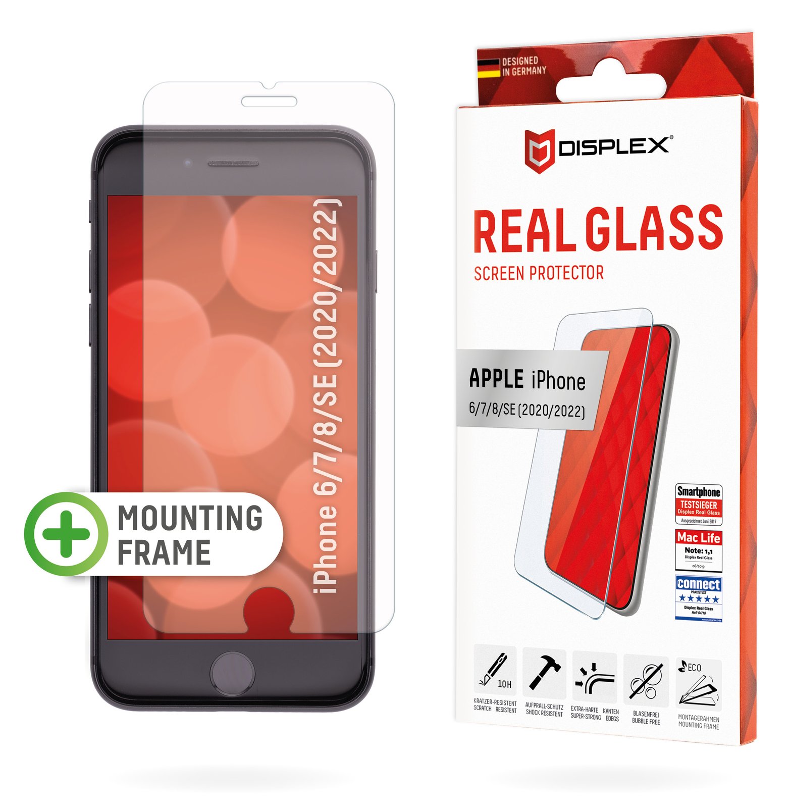 E.V.I. DISPLEX Real Glass - Bildschirmschutz für Handy - 2D - für Apple iPhone 6, 6s, 7, 8, SE (2. Generation)