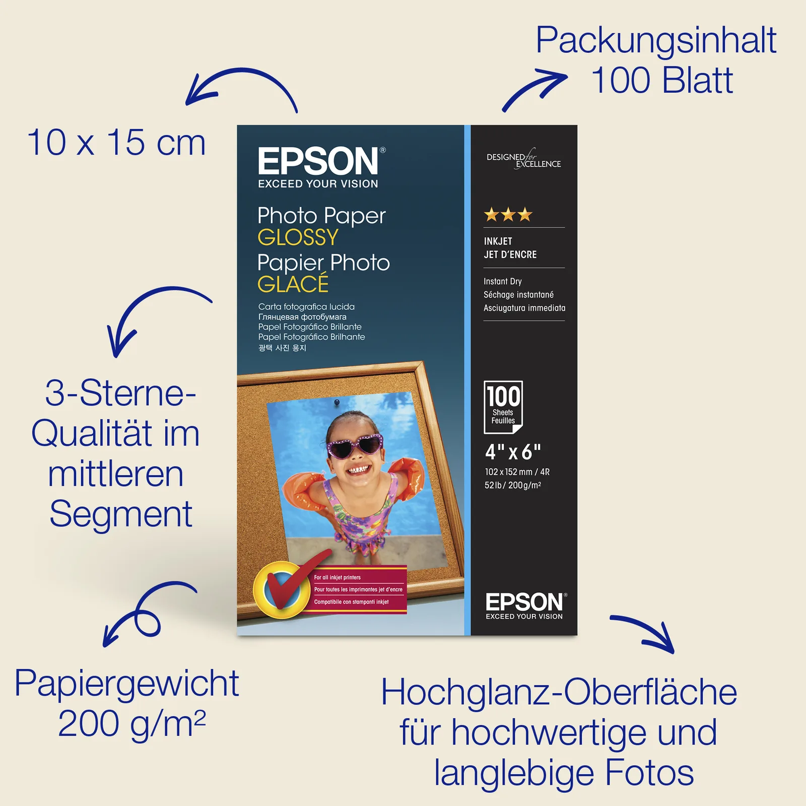 Epson Glänzend - 102 x 152 mm - 200 g/m² - 100 Blatt Fotopapier, Ansicht 2