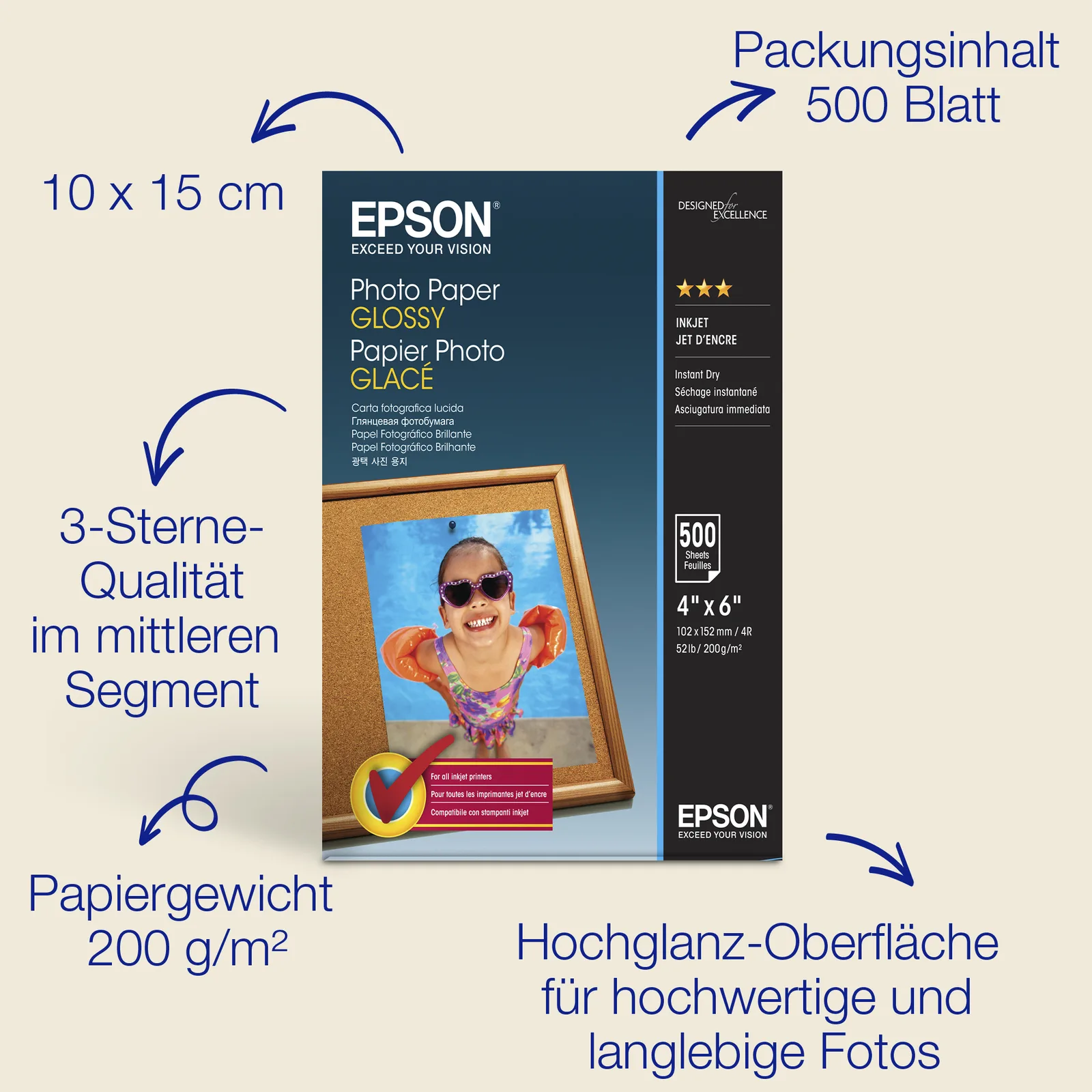 Epson Glänzend - 102 x 152 mm - 200 g/m² - 500 Blatt Fotopapier, Ansicht 2