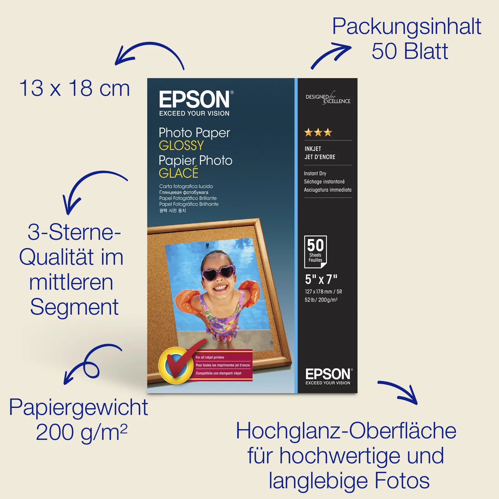 Epson Glänzend - 127 x 178 mm - 200 g/m² - 50 Blatt Fotopapier, Ansicht 4