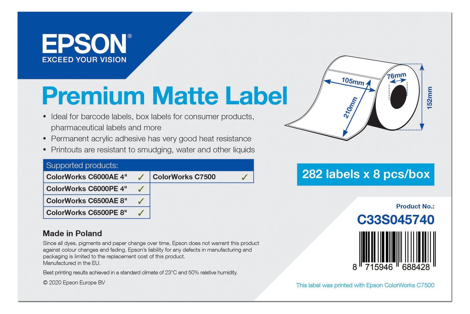 Epson Premium - Matt - permanenter Acrylklebstoff - hochweiß - 105 x 210 mm 2256 Etikett(en) (8 Rolle(n)