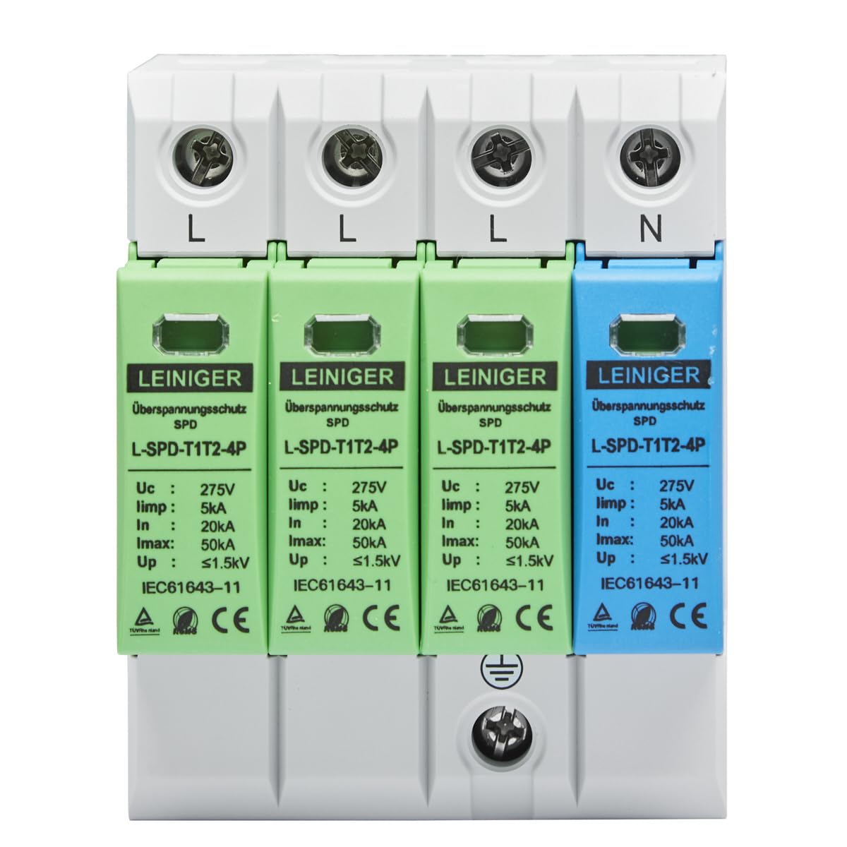 Leiniger/Überspannungsschutz/Überspannungsableiter / 4-Polig/geprüft nach VDE, Klasse I+II, Typ 1+2 (B+C), hoher maximaler Ableitstrom von 50 kA/Hauptverteilungsschutz, PV-Schutz