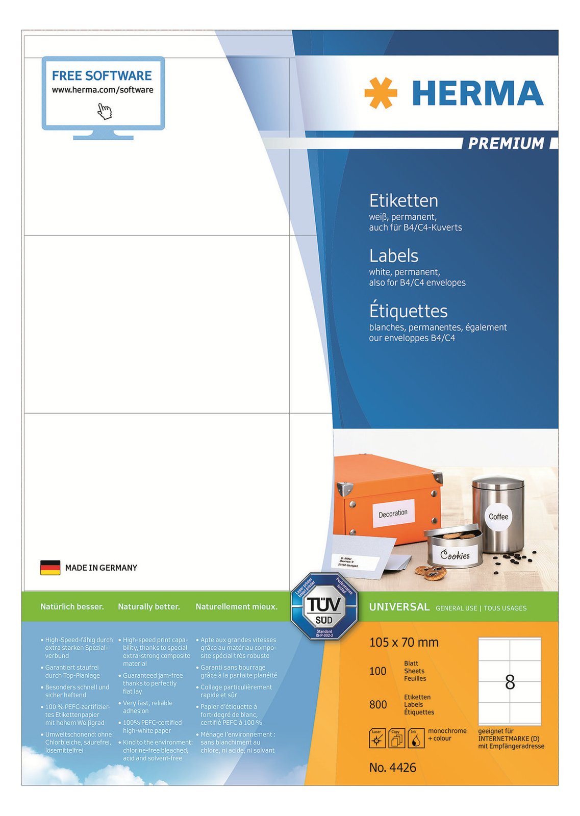 HERMA Premium - Papier - matt - permanent selbstklebend - weiß - 105 x 70 mm 800 Etikett(en) (100 Bogen x 8)