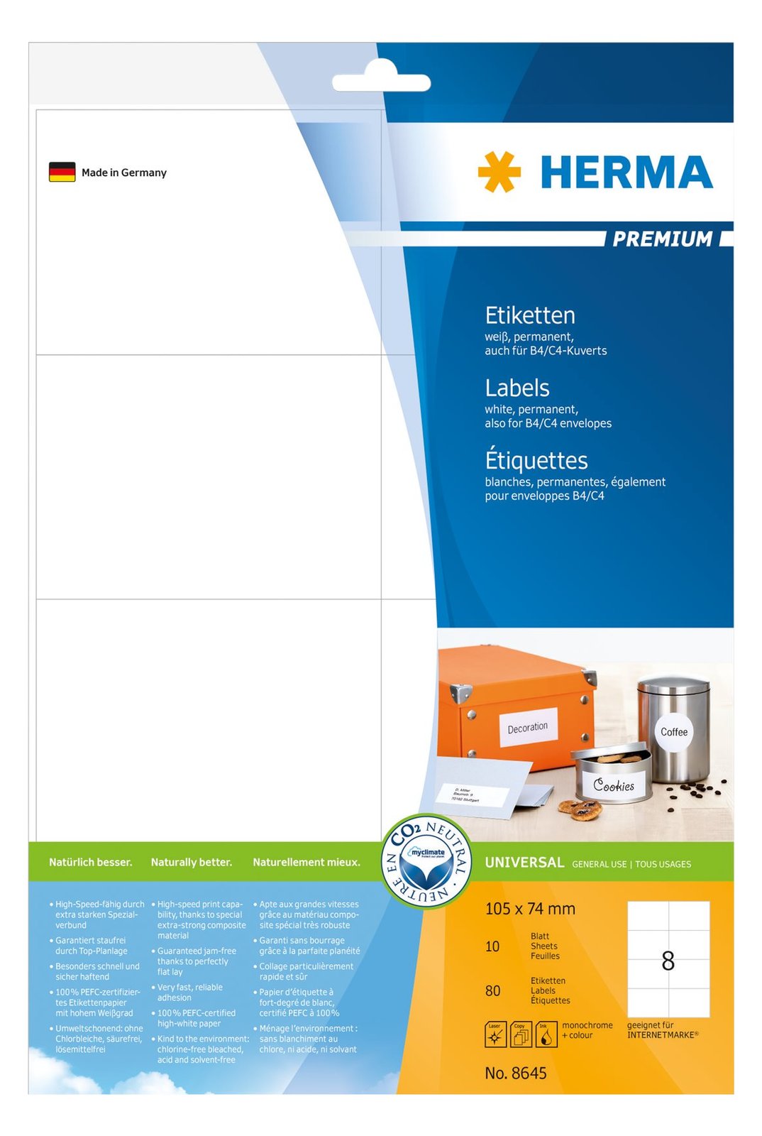 HERMA Premium - Papier - matt - permanent selbstklebend - weiß - 105 x 74 mm 80 Etikett(en) (10 Bogen x 8)