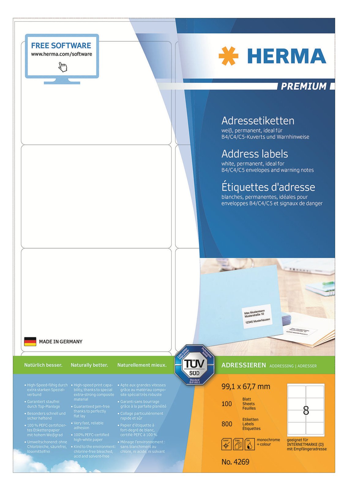 HERMA Premium - Papier - matt - permanent selbstklebend - weiß - 99.1 x 67.7 mm 800 Etikett(en) (100 Bogen x 8)