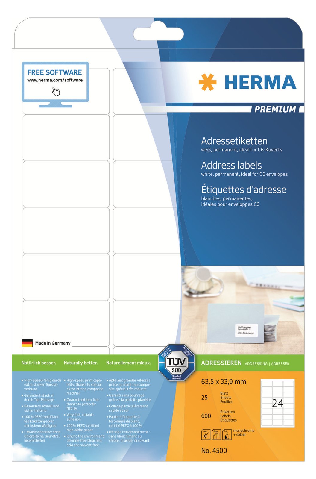HERMA Premium - Selbstklebend - Mattes Weiß - 63.5 x 33.9 mm 600 Etikett(en) (25 Bogen x 24)