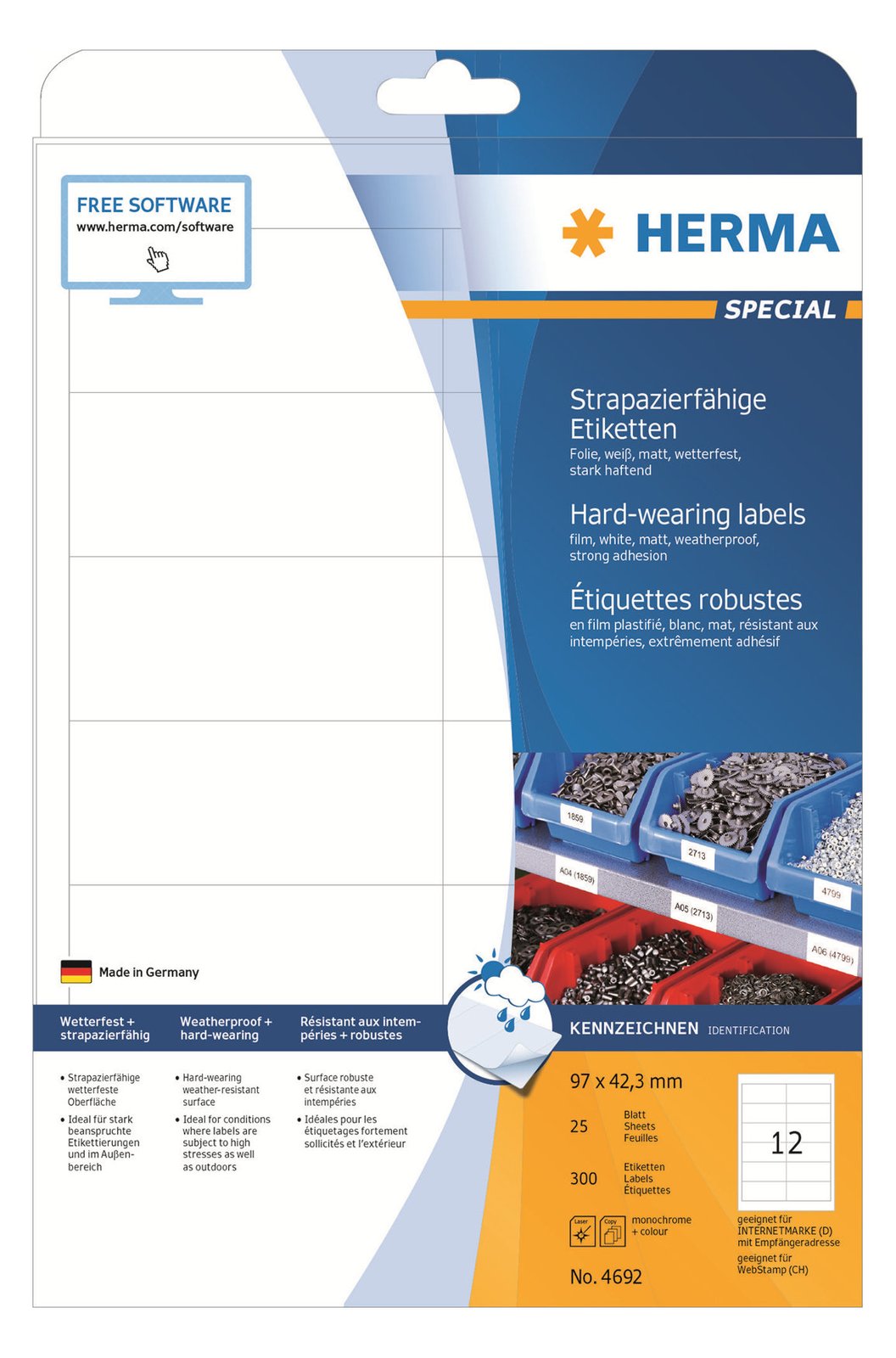 HERMA Special - Matt - permanent selbstklebend - weiß - 97 x 42.3 mm 300 Etikett(en) (25 Bogen x 12)