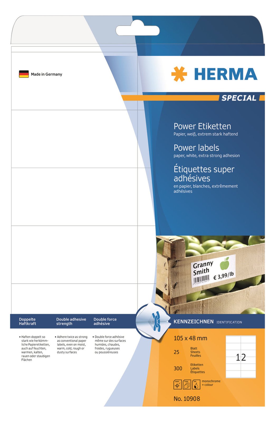 HERMA Special - Papier - matt - extra stark selbstklebend - weiß - 105 x 48 mm 300 Etikett(en) (25 Bogen x 12)