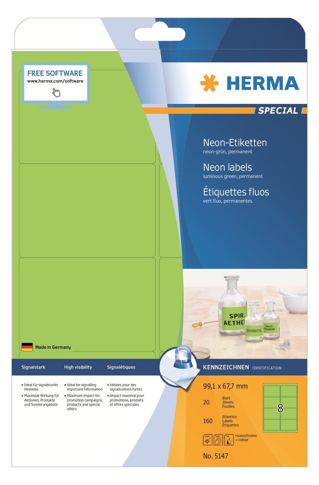 HERMA Special - Papier - matt - permanent selbstklebend - Luminous Green - 99.1 x 67.7 mm 160 Etikett(en) (20 Bogen x 8)
