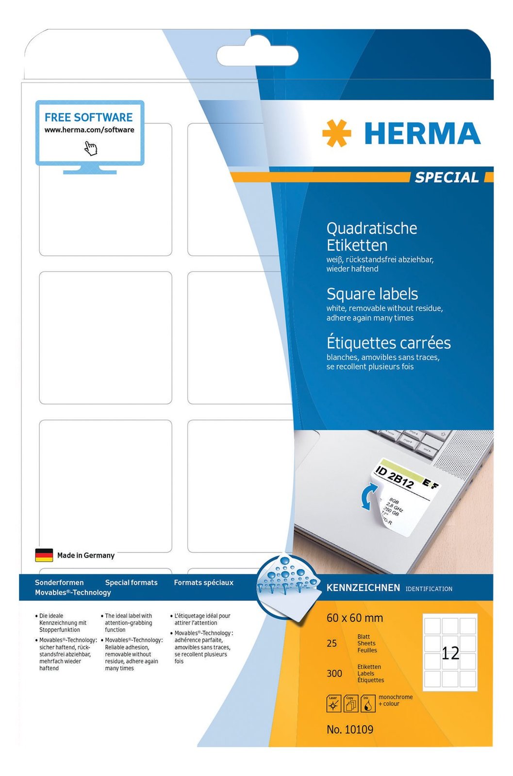 HERMA Special - Papier - matt - selbstklebend, entfernbarer Klebstoff - weiß - 60 x 60 mm 300 Etikett(en)(25 Bogen x 12)