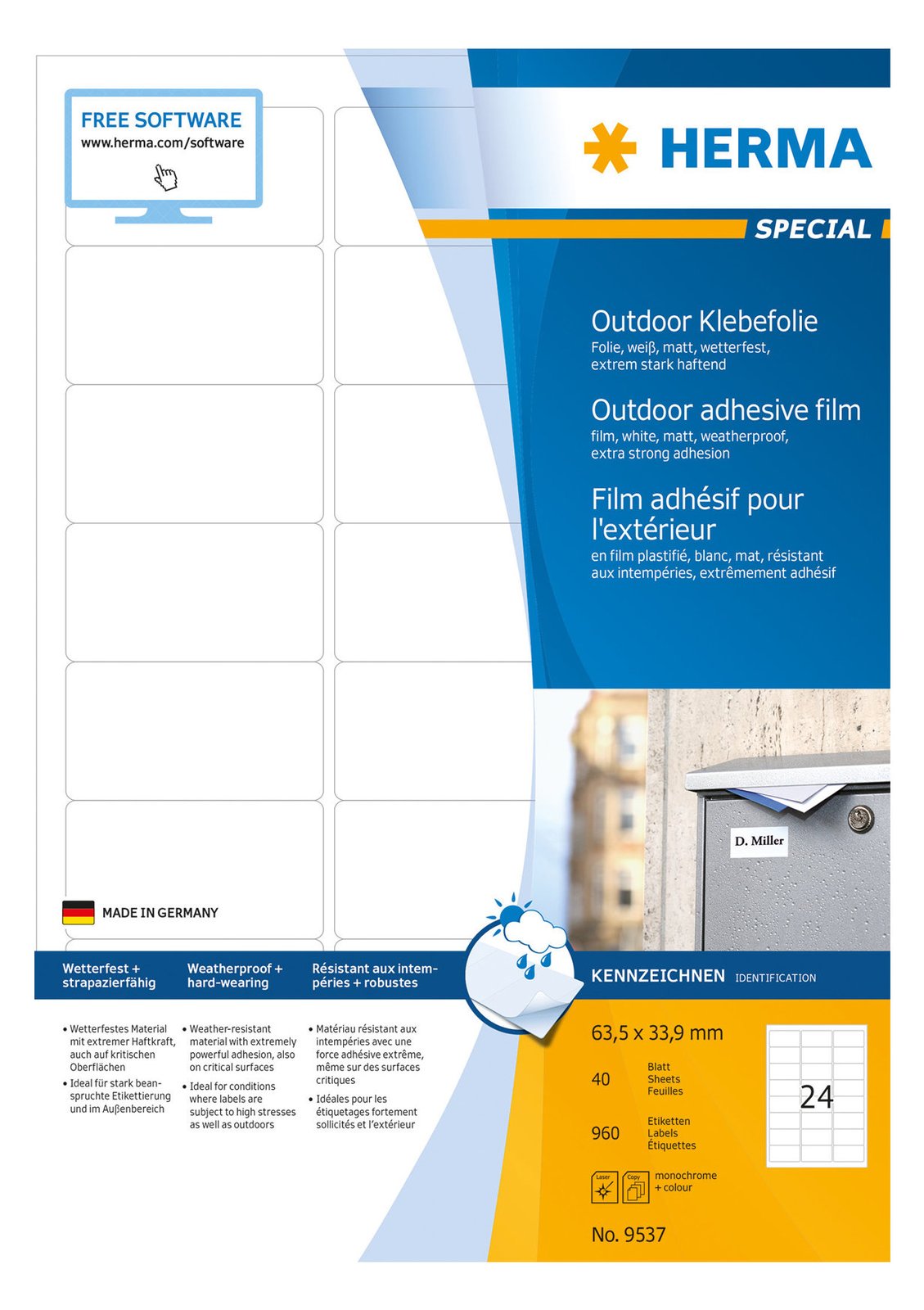 HERMA Special - Polyethylen (PE) - matt - extrem stark haftend - weiß - 63.5 x 33.9 mm 960 Etikett(en) (40 Bogen x 24)