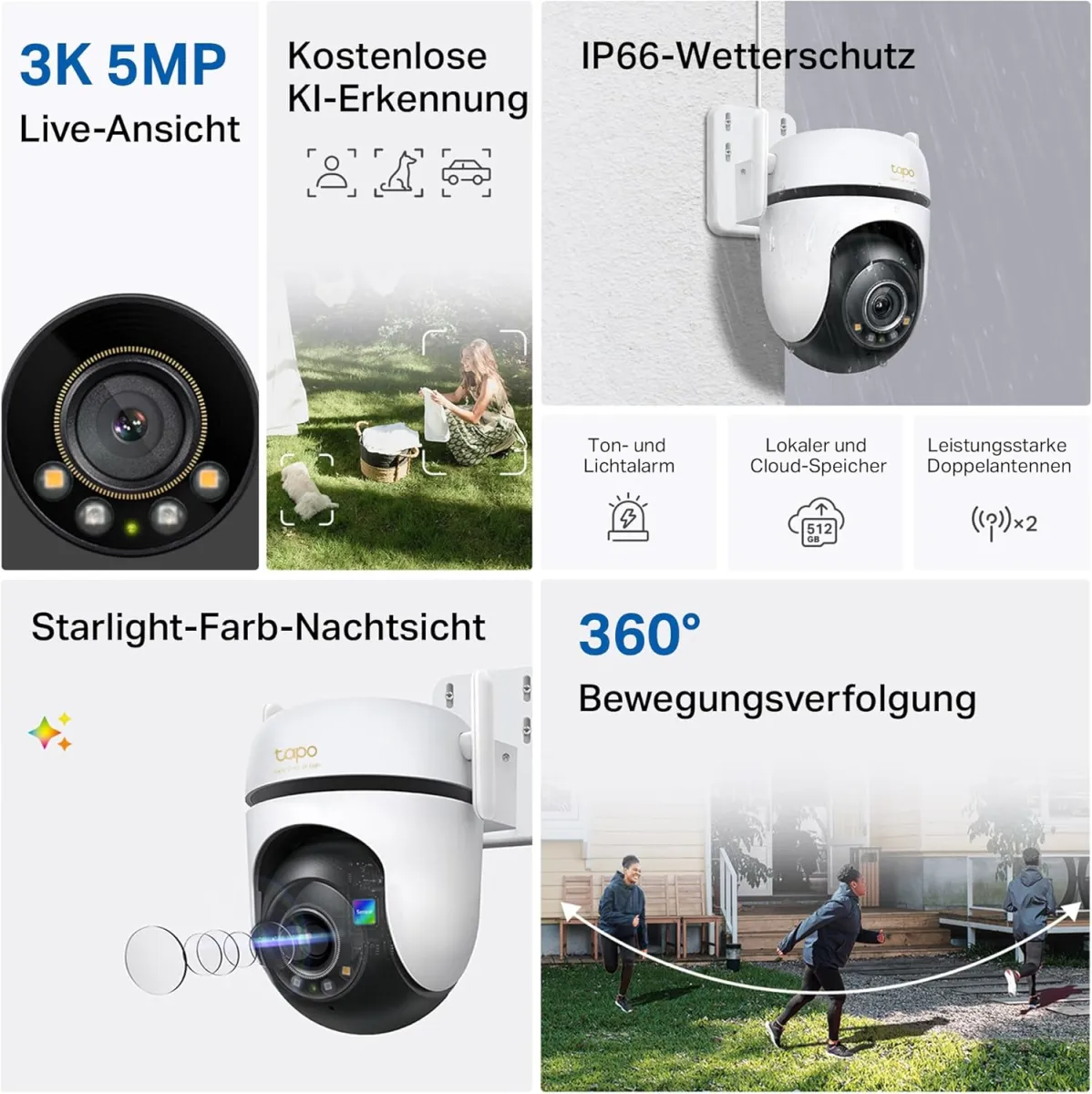 Tapo C530WS 360° Überwachungskamera Außen, 3K 5MP, Starlight Farbe Nachtsicht, KI-Erkennung, Bewegungsverfolgung, WLAN oder Ethernet, microSD-Karte bis zu 512 GB — Bild 4