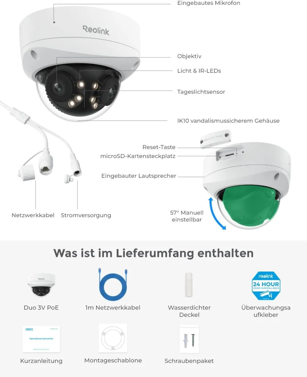 Reolink 16MP UHD 180° Panorama Dual-Objektiv Überwachungskamera, Bewegungsverfolgung, Farbnachtsicht, Spotlight, Smart-Erkennung & Alarme, Zwei-Wege-Audio, IK10 Vandalismussicher, IP67, Duo 3V PoE — Bild 7