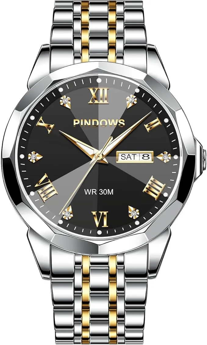 Herren-Armbanduhr, luxuriös, Quarz, analog, mit Datum, großes Zifferblatt, wasserdicht, modisch, Business-Armbanduhr, Kleid, zweifarbig, Edelstahl, klassische Herrenuhr, leuchtender Kalender