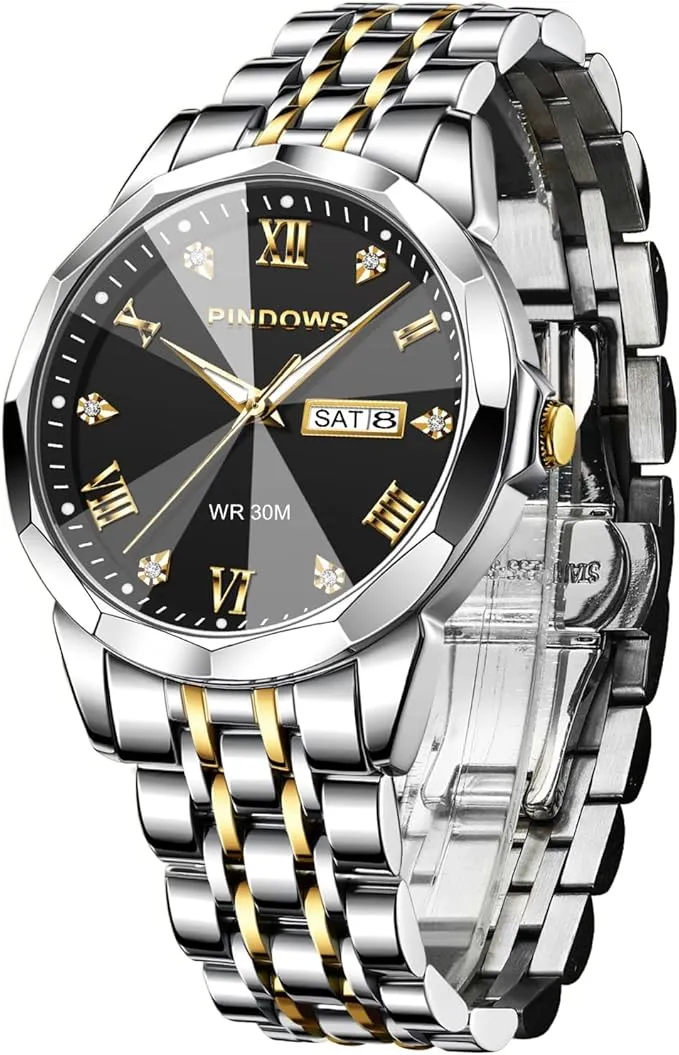 Herren-Armbanduhr, luxuriös, Quarz, analog, mit Datum, großes Zifferblatt, wasserdicht, modisch, Business-Armbanduhr, Kleid, zweifarbig, Edelstahl, klassische Herrenuhr, leuchtender Kalender — Bild 2