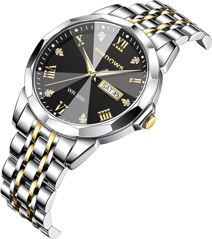 Herren-Armbanduhr, luxuriös, Quarz, analog, mit Datum, großes Zifferblatt, wasserdicht, modisch, Business-Armbanduhr, Kleid, zweifarbig, Edelstahl, klassische Herrenuhr, leuchtender Kalender — Bild 3