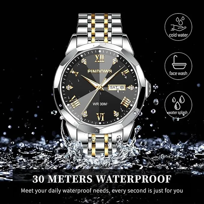 Herren-Armbanduhr, luxuriös, Quarz, analog, mit Datum, großes Zifferblatt, wasserdicht, modisch, Business-Armbanduhr, Kleid, zweifarbig, Edelstahl, klassische Herrenuhr, leuchtender Kalender — Bild 4