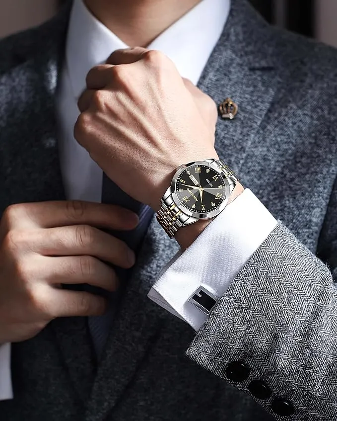 Herren-Armbanduhr, luxuriös, Quarz, analog, mit Datum, großes Zifferblatt, wasserdicht, modisch, Business-Armbanduhr, Kleid, zweifarbig, Edelstahl, klassische Herrenuhr, leuchtender Kalender — Bild 5