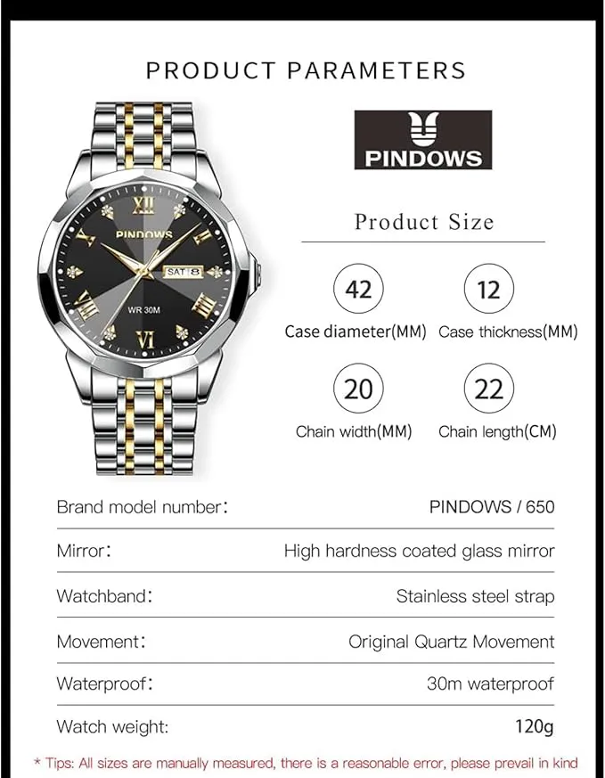 Herren-Armbanduhr, luxuriös, Quarz, analog, mit Datum, großes Zifferblatt, wasserdicht, modisch, Business-Armbanduhr, Kleid, zweifarbig, Edelstahl, klassische Herrenuhr, leuchtender Kalender — Bild 6